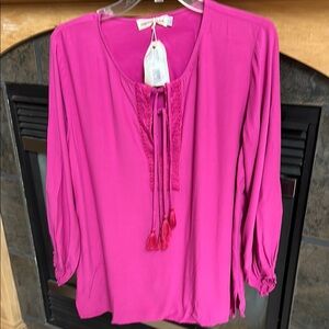 NWT Johnny Was Pink Long Sleeve Tie Front Peasant Blouse Small